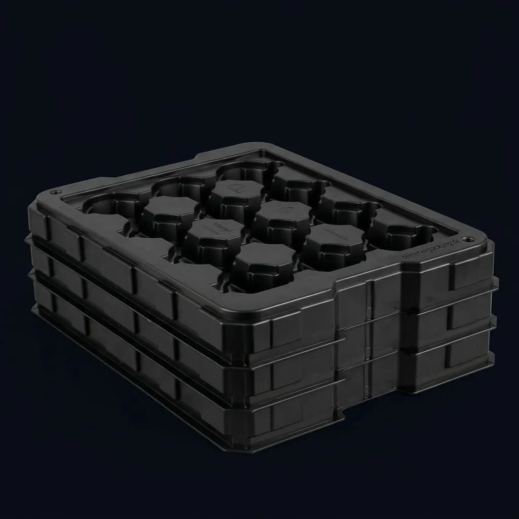Trayserver tray black stackable for automation — Scafa Thermoforming
